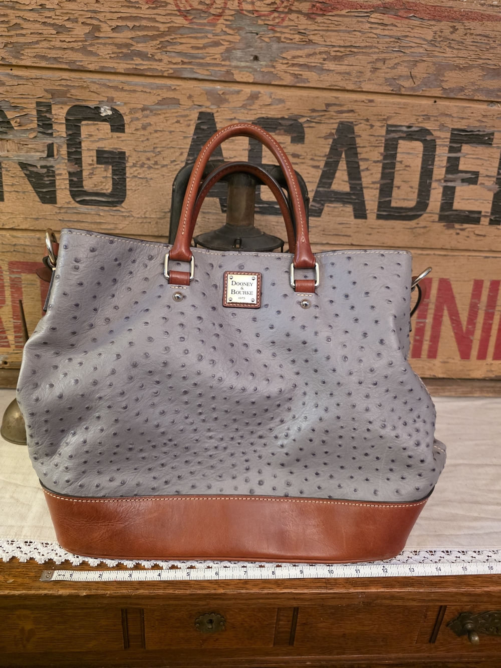 Dooney & Bourke Gray Ostrich-Embossed Leather Satchel with Brown Trim